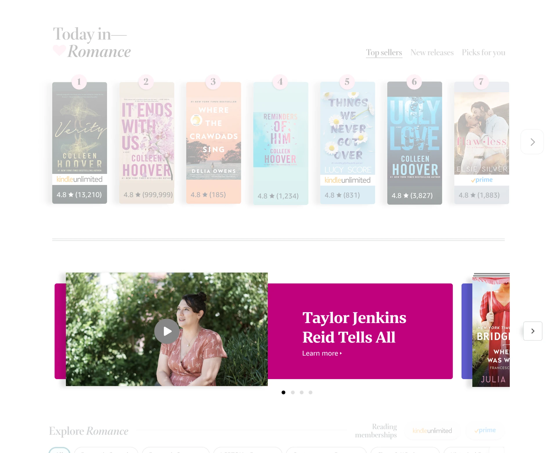 Redesigned rotating billboard carousel on the Amazon Books Romance genre page
