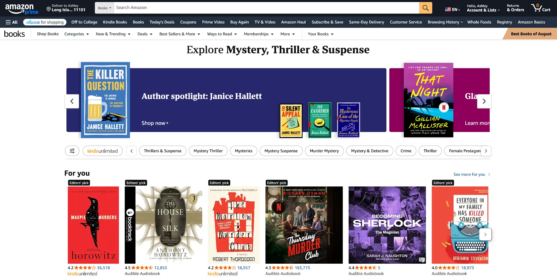 Amazon Books genre page showing the redesigned publisher merchandising slots