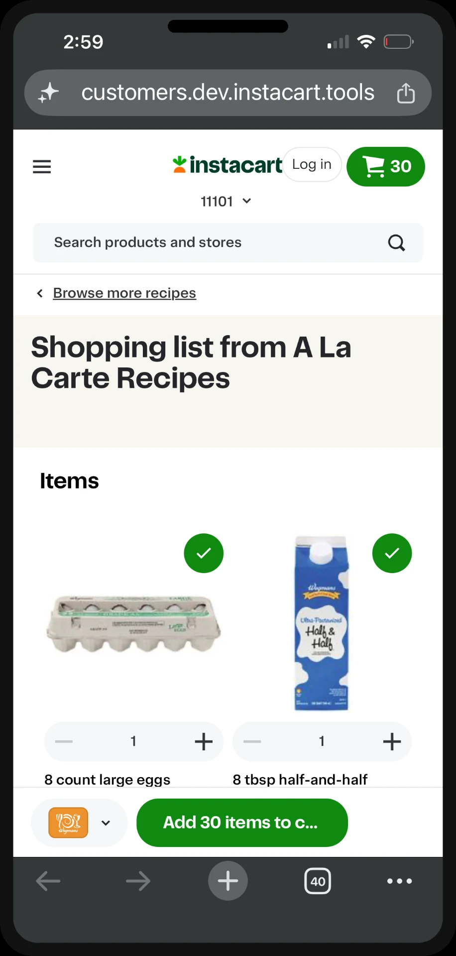 Instacart shopping list generated from A La Carte Recipes