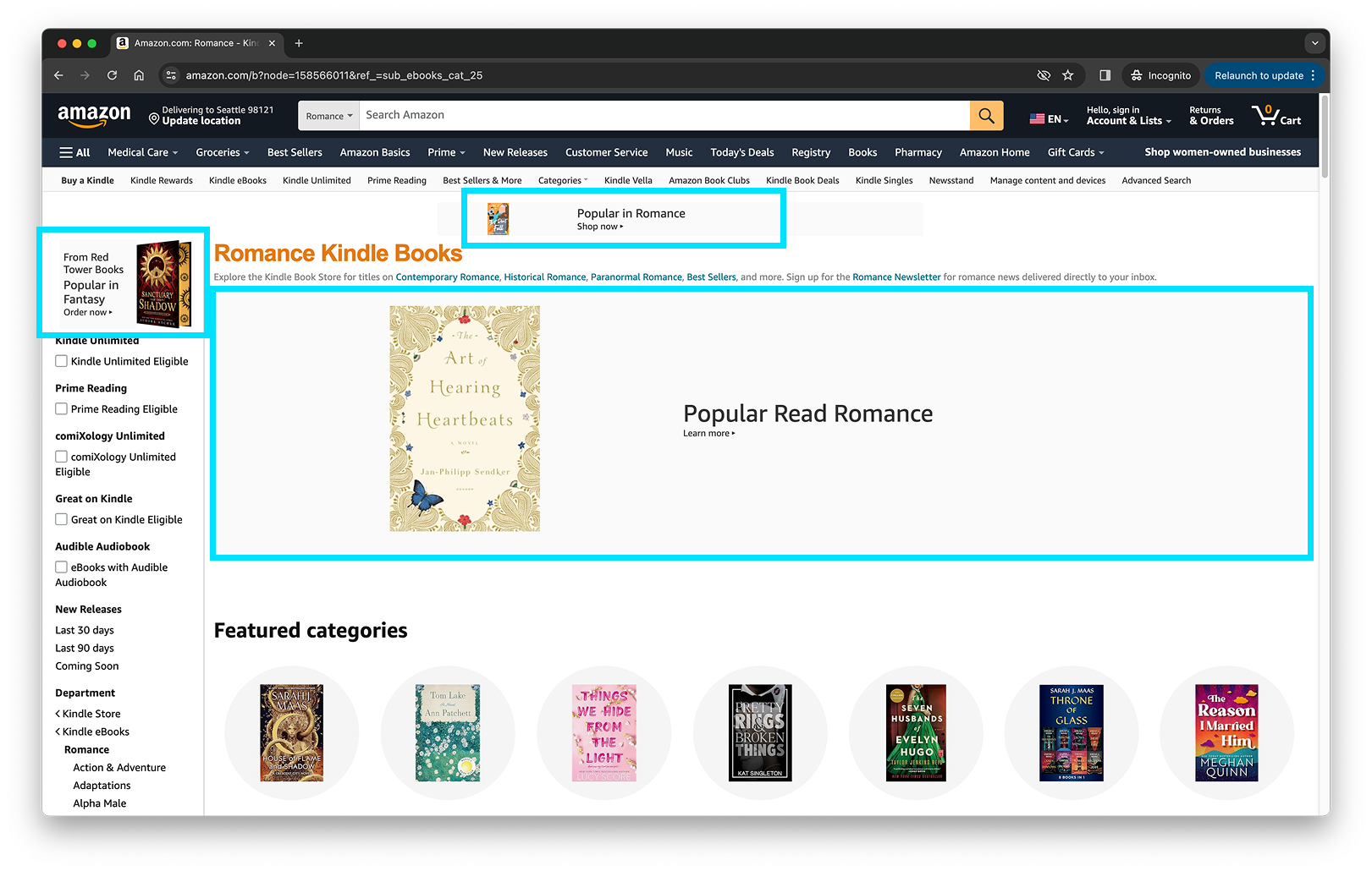 Amazon Books Romance genre page with the previous publisher merchandising slots highlighted