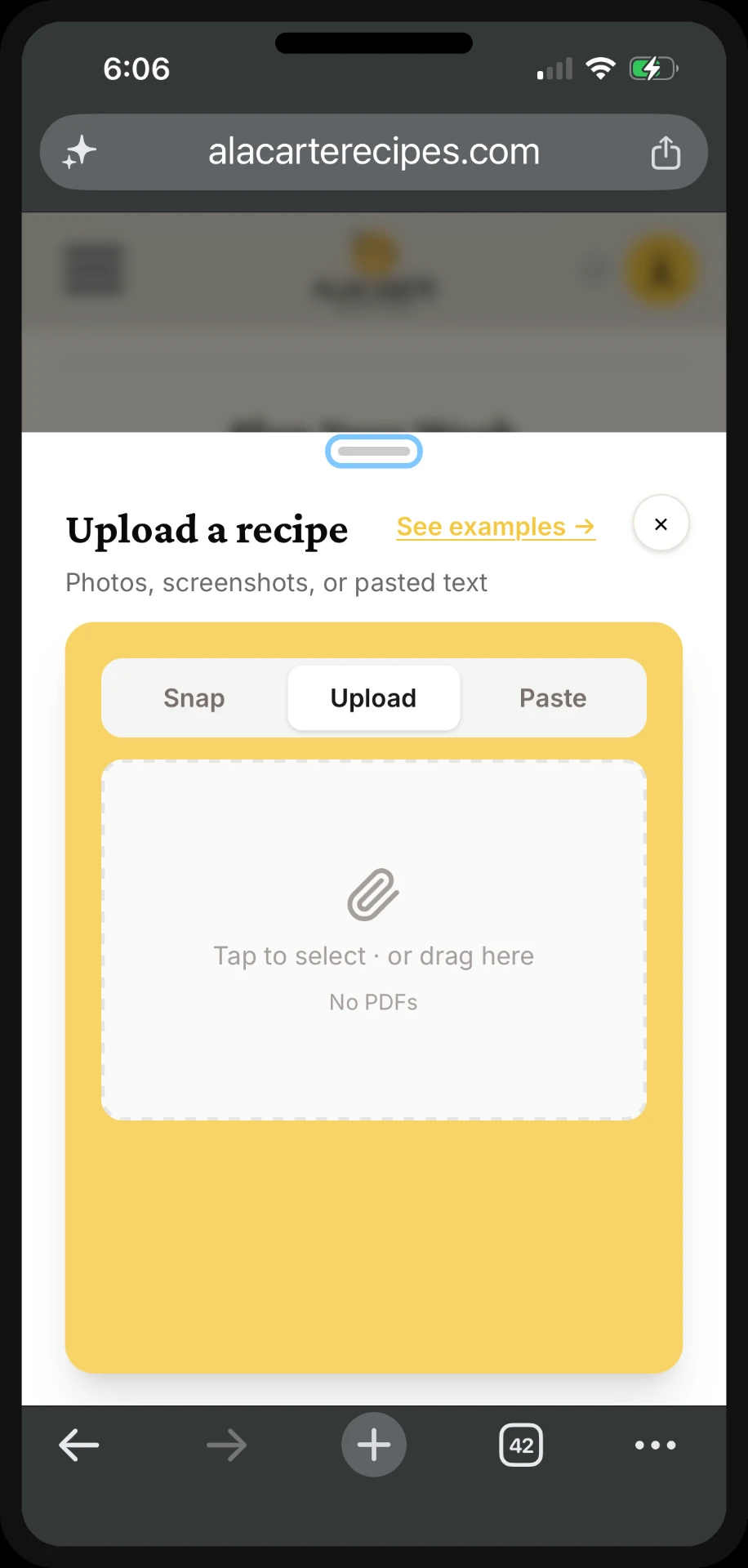 Upload a recipe screen with Snap, Upload, and Paste tabs
