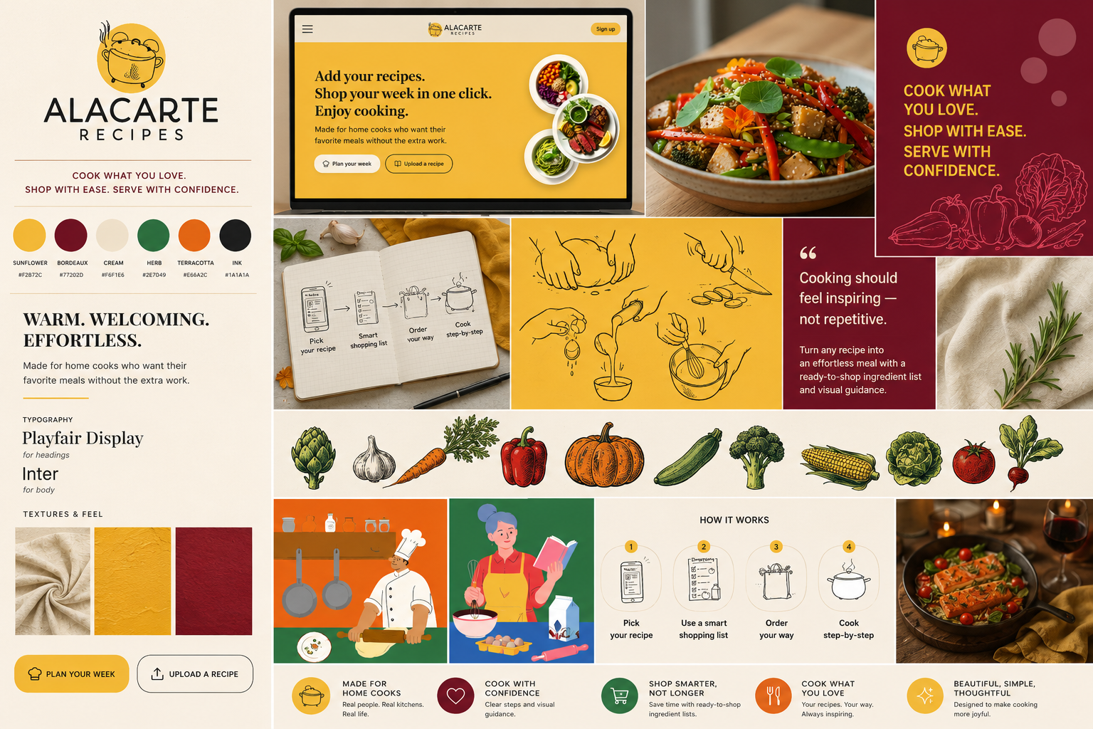 A La Carte brand moodboard: logo, color palette, typography pairing, and stencil illustration style
