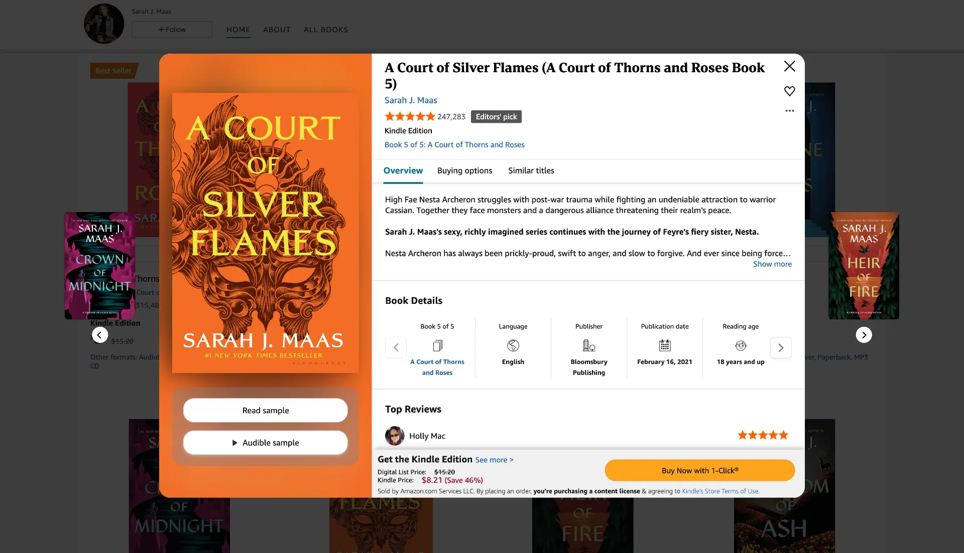 Books Quickview modal screenshot showing A Court of Silver Flames product details
