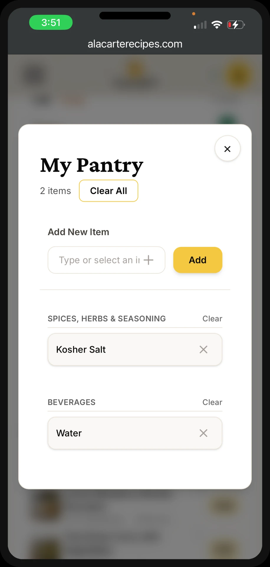 My Pantry screen listing saved pantry items