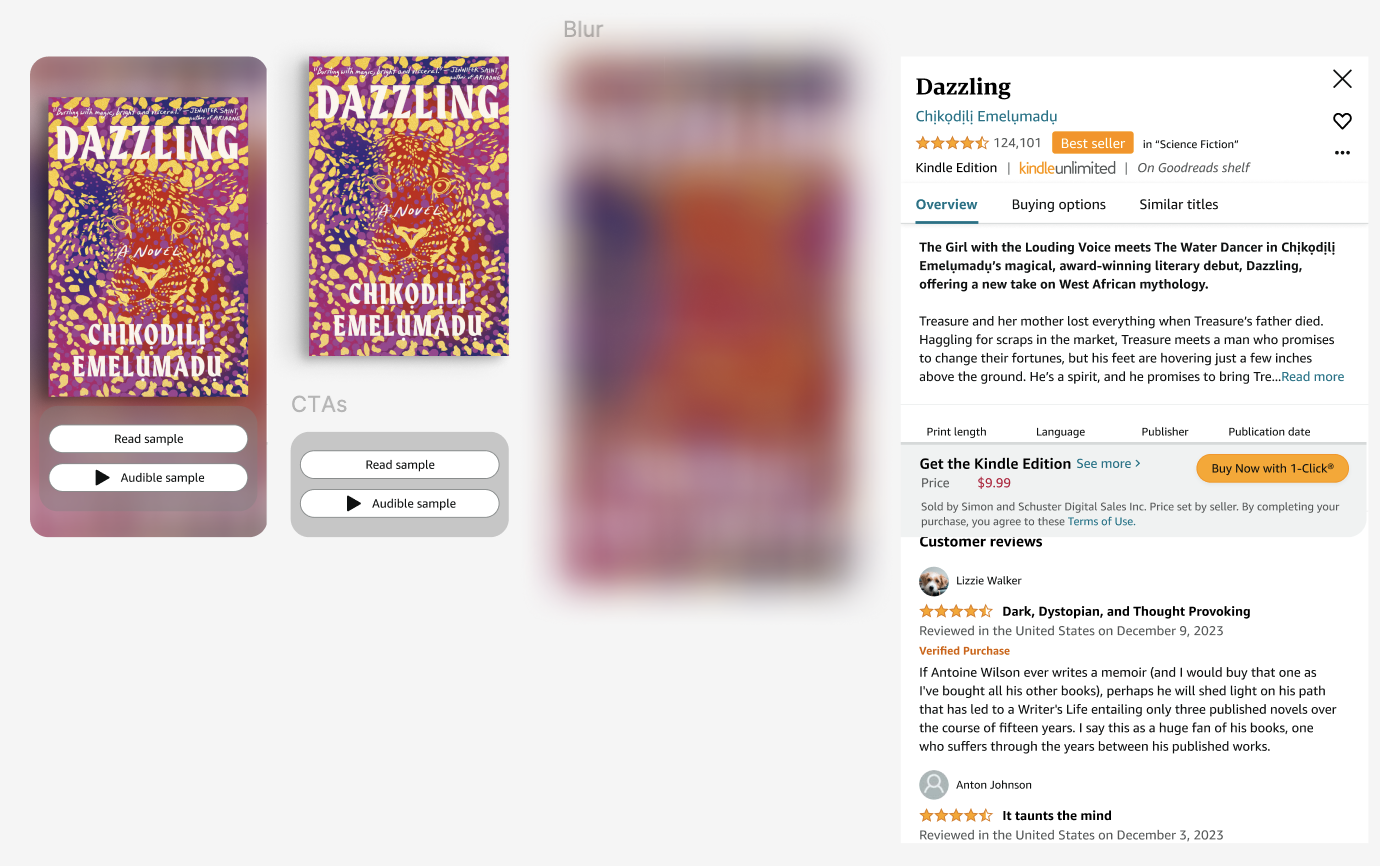 Component breakdown of the Quickview split view showing the blurred background, book cover, and utility panel