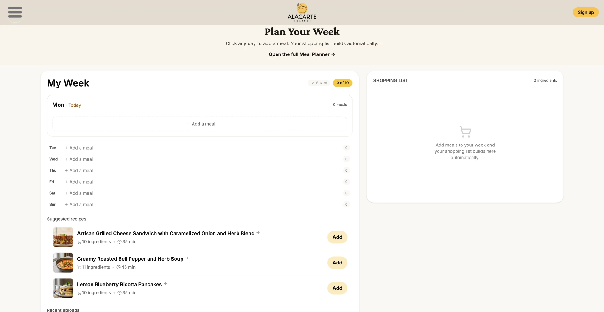 A La Carte Recipes meal planner showing a weekly plan and an automatically built shopping list