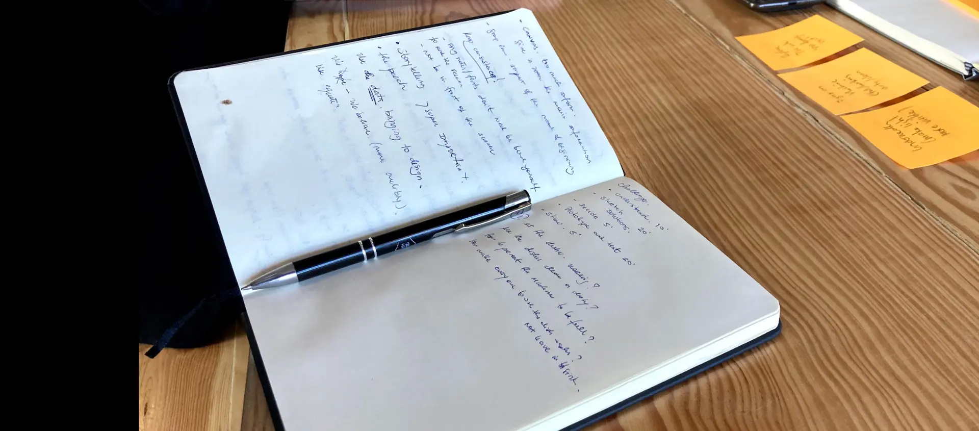 Notebook sketches and sticky notes from early discovery sessions